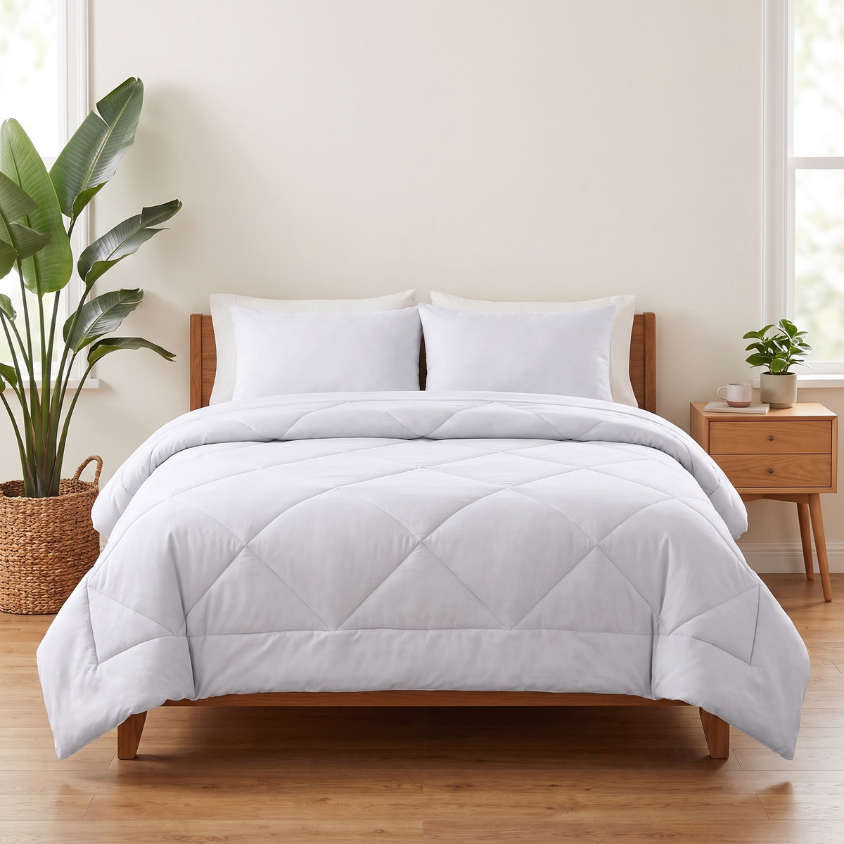 Couette 2-en-1 Kavenlia blanc neige sur un lit double, housse cousue, sans draps