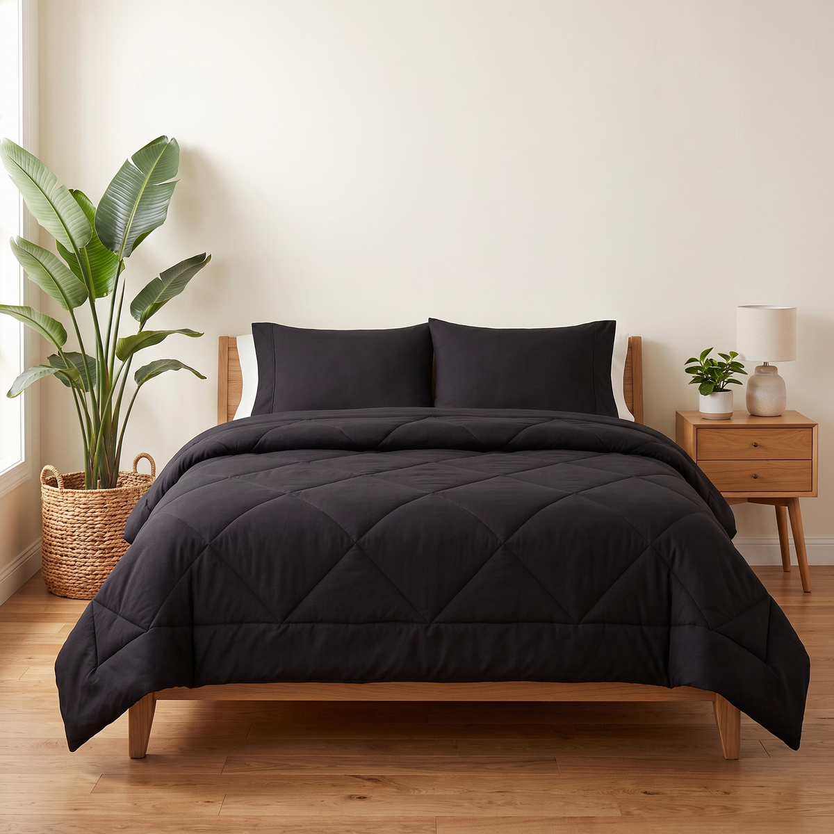 Couette 2-en-1 Kavenlia noir minuit sur un lit double, housse cousue, sans draps
