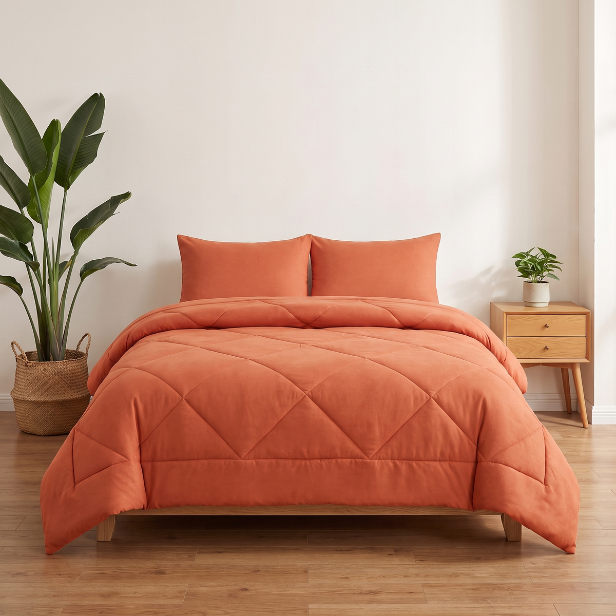Couette 2-en-1 Kavenlia orange soleil couchant sur un lit double, housse cousue, sans draps